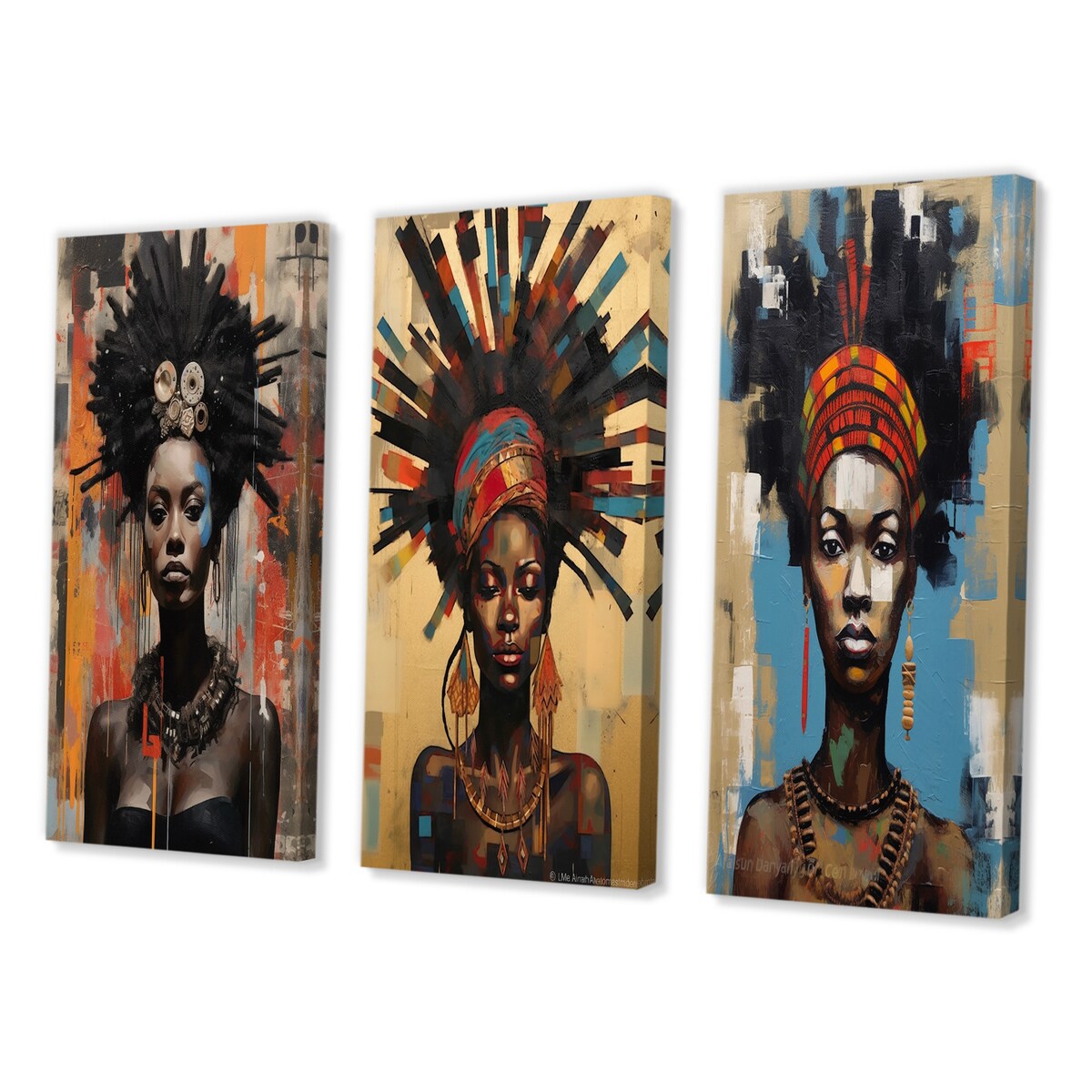 Designart "Urban Tribal Queen Contemporary African" African American Woman Brown Canvas Set Of 3 For Living Room Decor