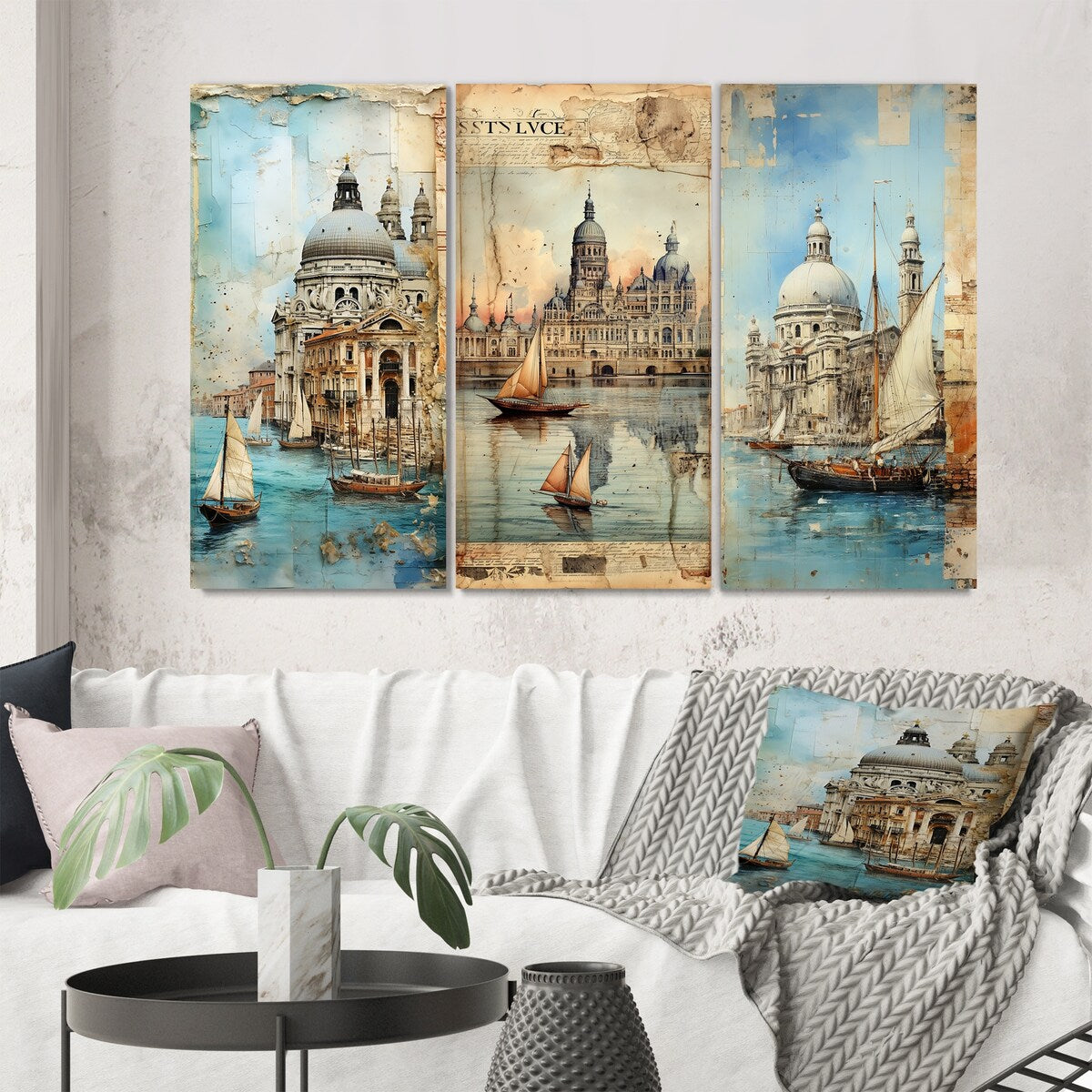 Designart "Venice Distant Memories Journal Collage IV" Venice Wall Art Set Of 3 Industrial Gallery Set For Office Decor