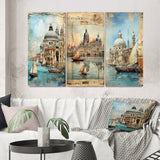 Designart "Venice Distant Memories Journal Collage IV" Venice Wall Art Set Of 3 Industrial Gallery Set For Office Decor