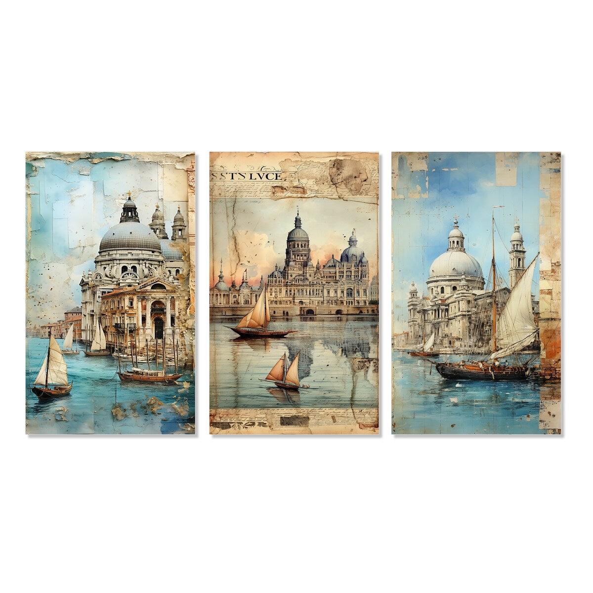 Designart "Venice Distant Memories Journal Collage IV" Venice Wall Art Set Of 3 Industrial Gallery Set For Office Decor
