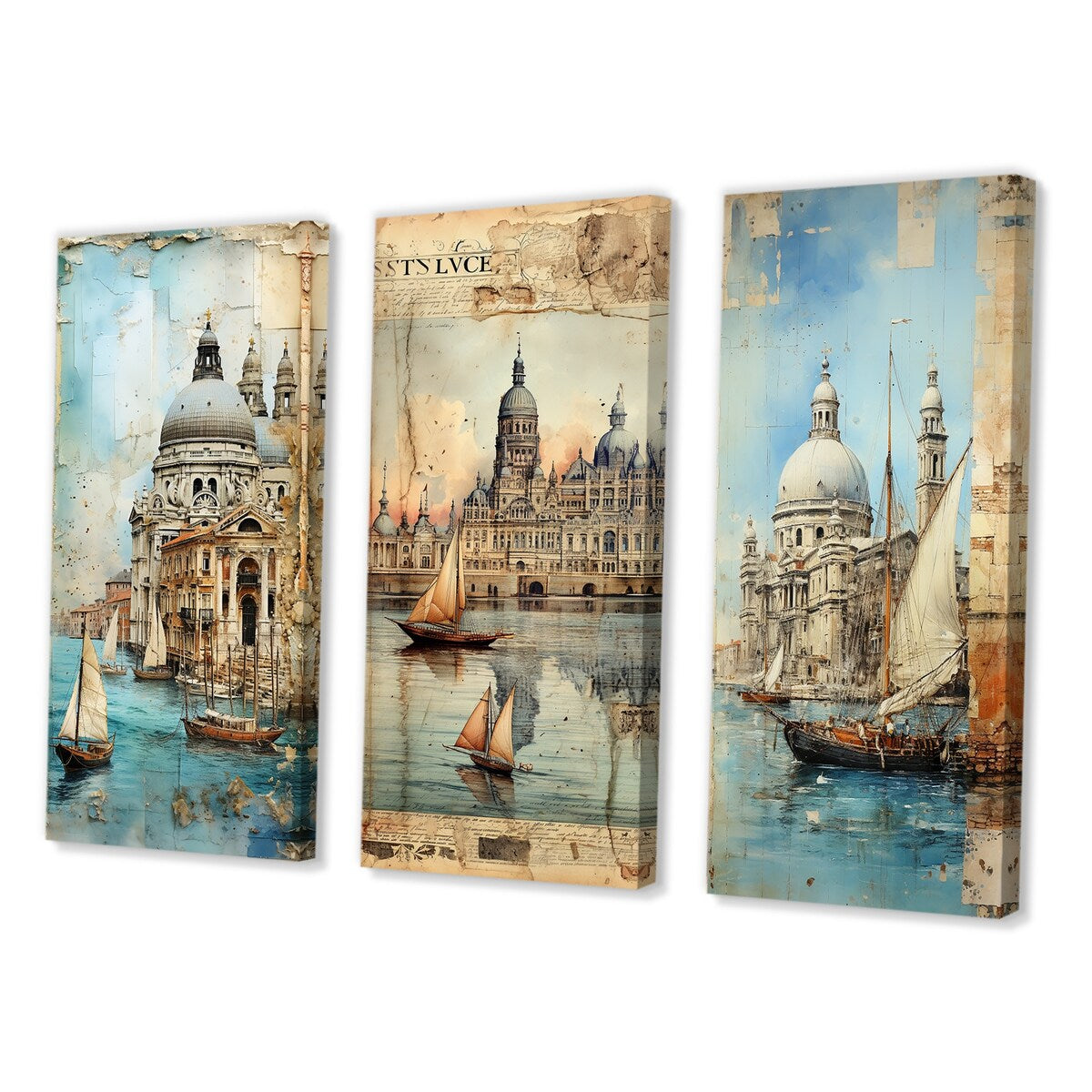 Designart "Venice Distant Memories Journal Collage IV" Venice Wall Art Set Of 3 Industrial Gallery Set For Office Decor