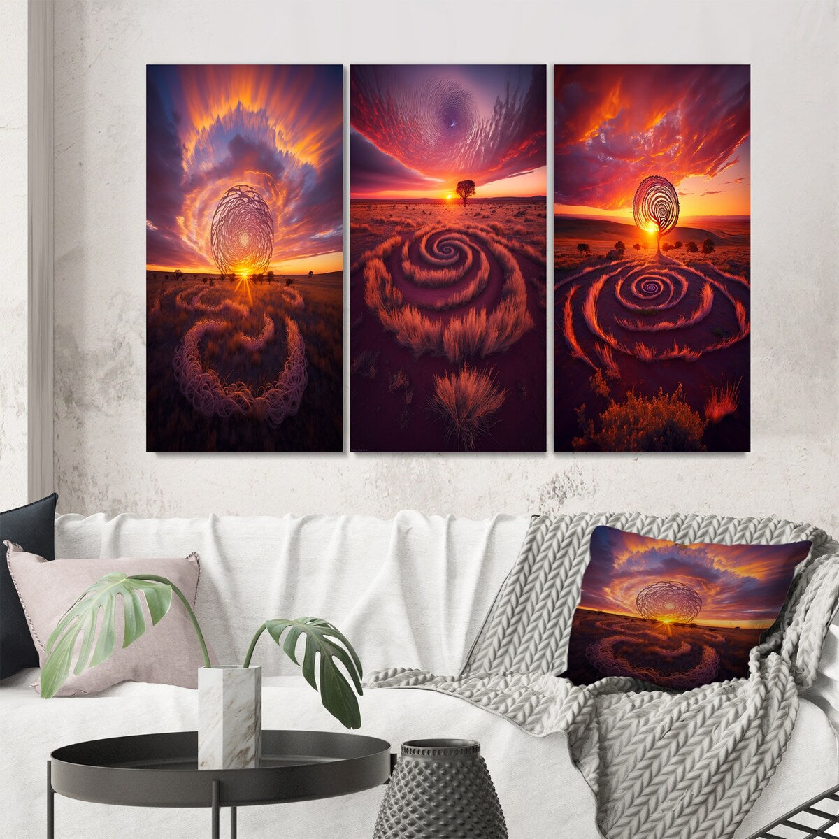 Designart "Vibrant Pink Stunning Sunset Spiral Land Art VII" Storms Wall Art Set Of 3 - Canvas Set For Living Room Decor