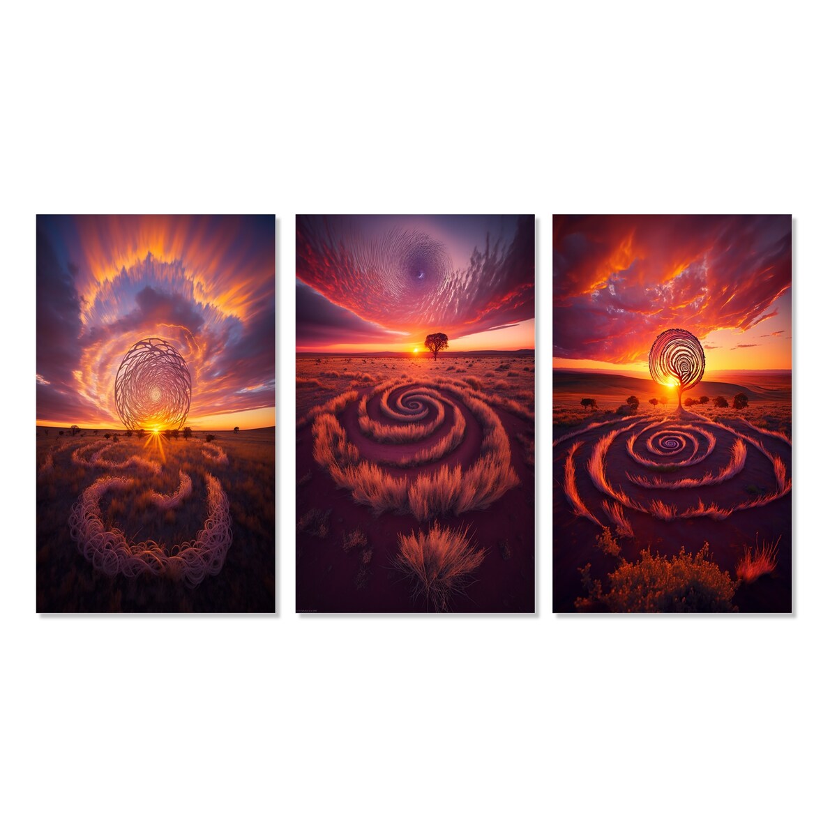 Designart "Vibrant Pink Stunning Sunset Spiral Land Art VII" Storms Wall Art Set Of 3 - Canvas Set For Living Room Decor