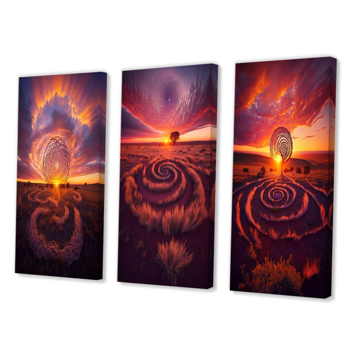 Designart "Vibrant Pink Stunning Sunset Spiral Land Art VII" Storms Wall Art Set Of 3 - Canvas Set For Living Room Decor