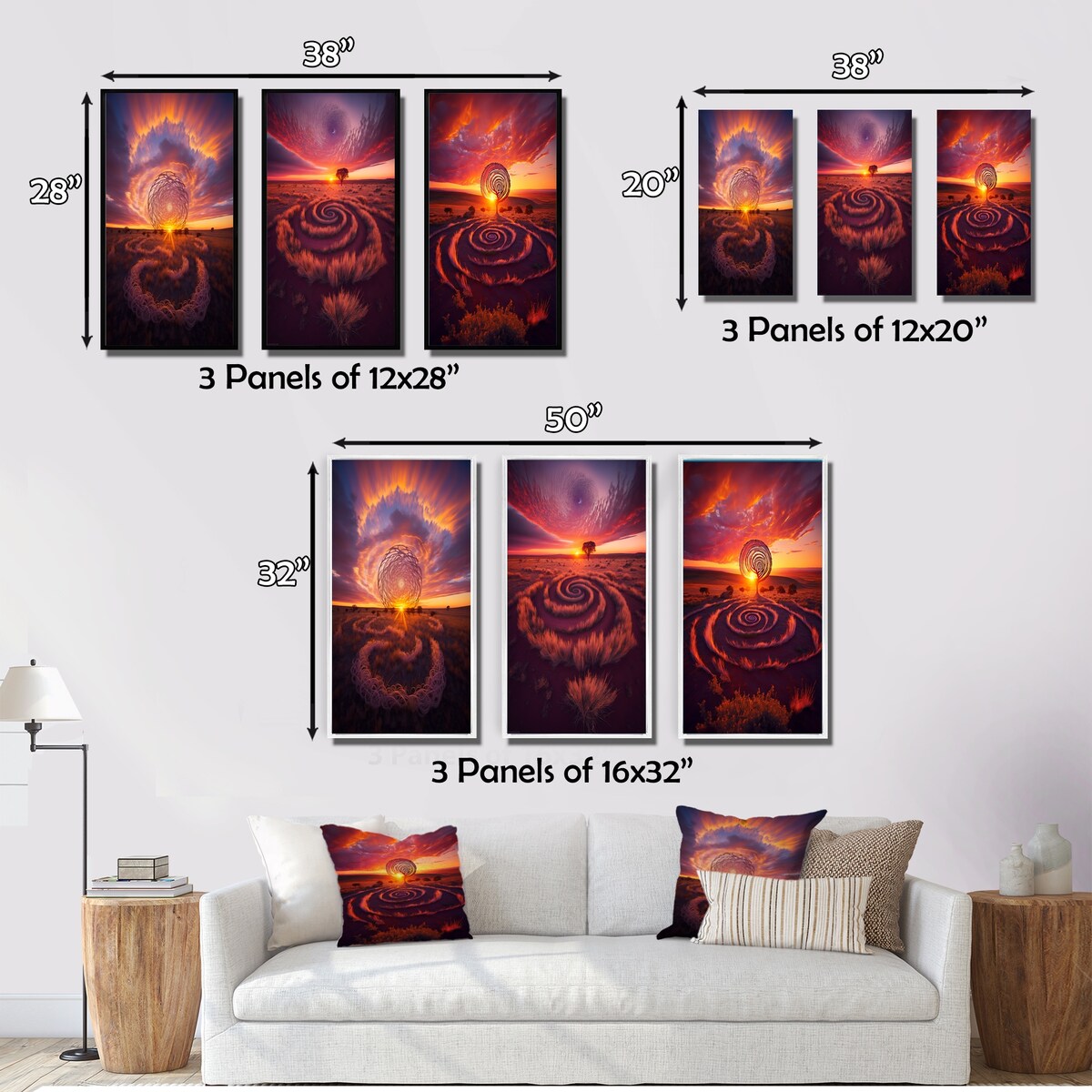 Designart "Vibrant Pink Stunning Sunset Spiral Land Art VII" Storms Wall Art Set Of 3 - Canvas Set For Living Room Decor