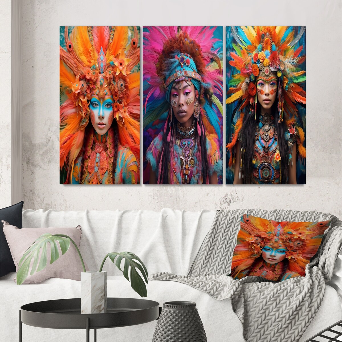 Designart "Vibrant Slavic Spiritual Festive Portraits XI" Boho Woman Pink - Canvas Set Of 3 For Living Room Decor