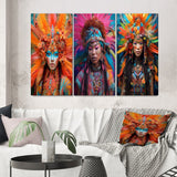 Designart "Vibrant Slavic Spiritual Festive Portraits XI" Boho Woman Pink - Canvas Set Of 3 For Living Room Decor
