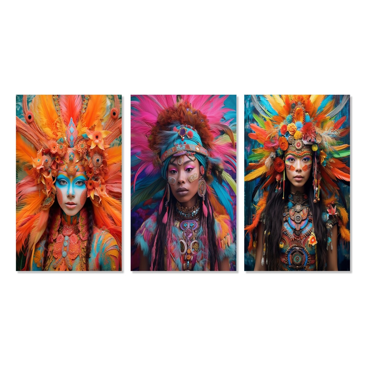 Designart "Vibrant Slavic Spiritual Festive Portraits XI" Boho Woman Pink - Canvas Set Of 3 For Living Room Decor