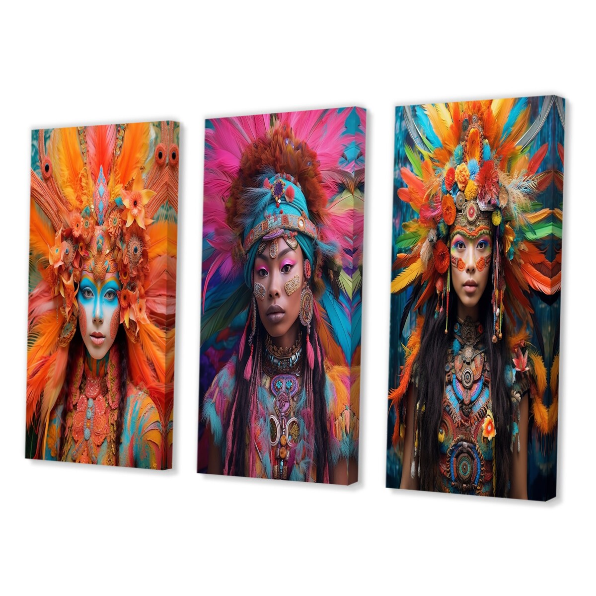 Designart "Vibrant Slavic Spiritual Festive Portraits XI" Boho Woman Pink - Canvas Set Of 3 For Living Room Decor