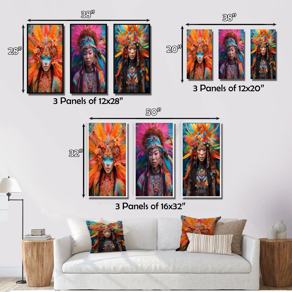 Designart "Vibrant Slavic Spiritual Festive Portraits XI" Boho Woman Pink - Canvas Set Of 3 For Living Room Decor