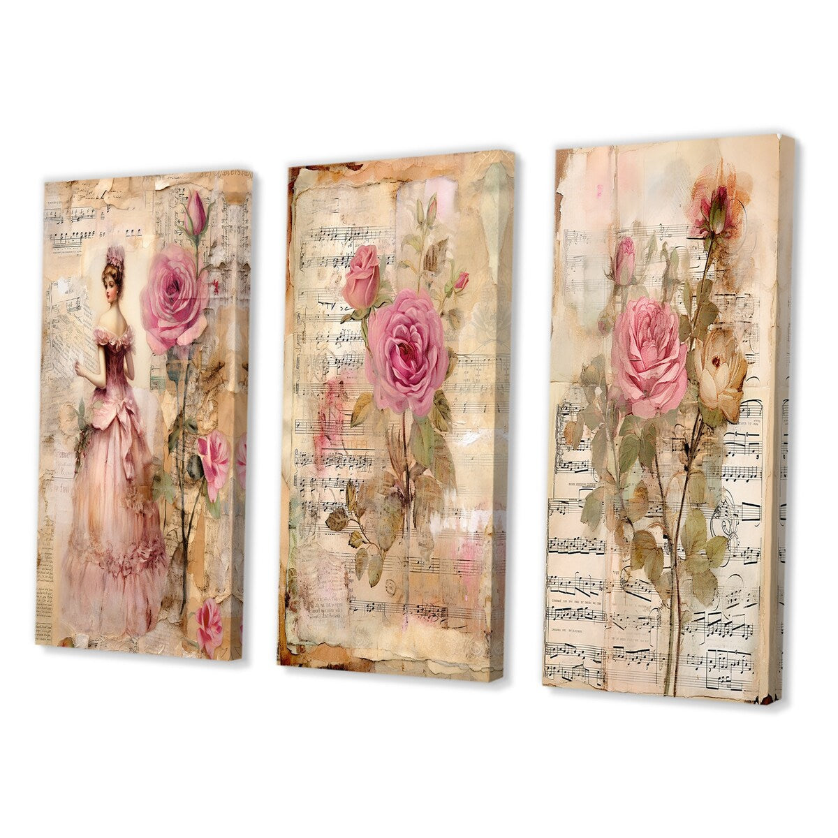 Designart "Victorian Lady Pink Roses Rustic Vintage I" Rose Pink - Canvas Set Of 3 For Living Room Decor