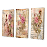 Designart "Victorian Lady Pink Roses Rustic Vintage I" Rose Pink - Canvas Set Of 3 For Living Room Decor