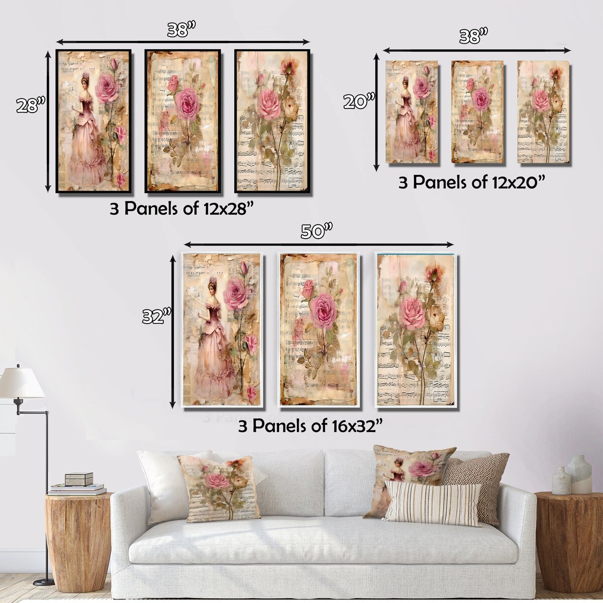 Designart "Victorian Lady Pink Roses Rustic Vintage I" Rose Pink - Canvas Set Of 3 For Living Room Decor