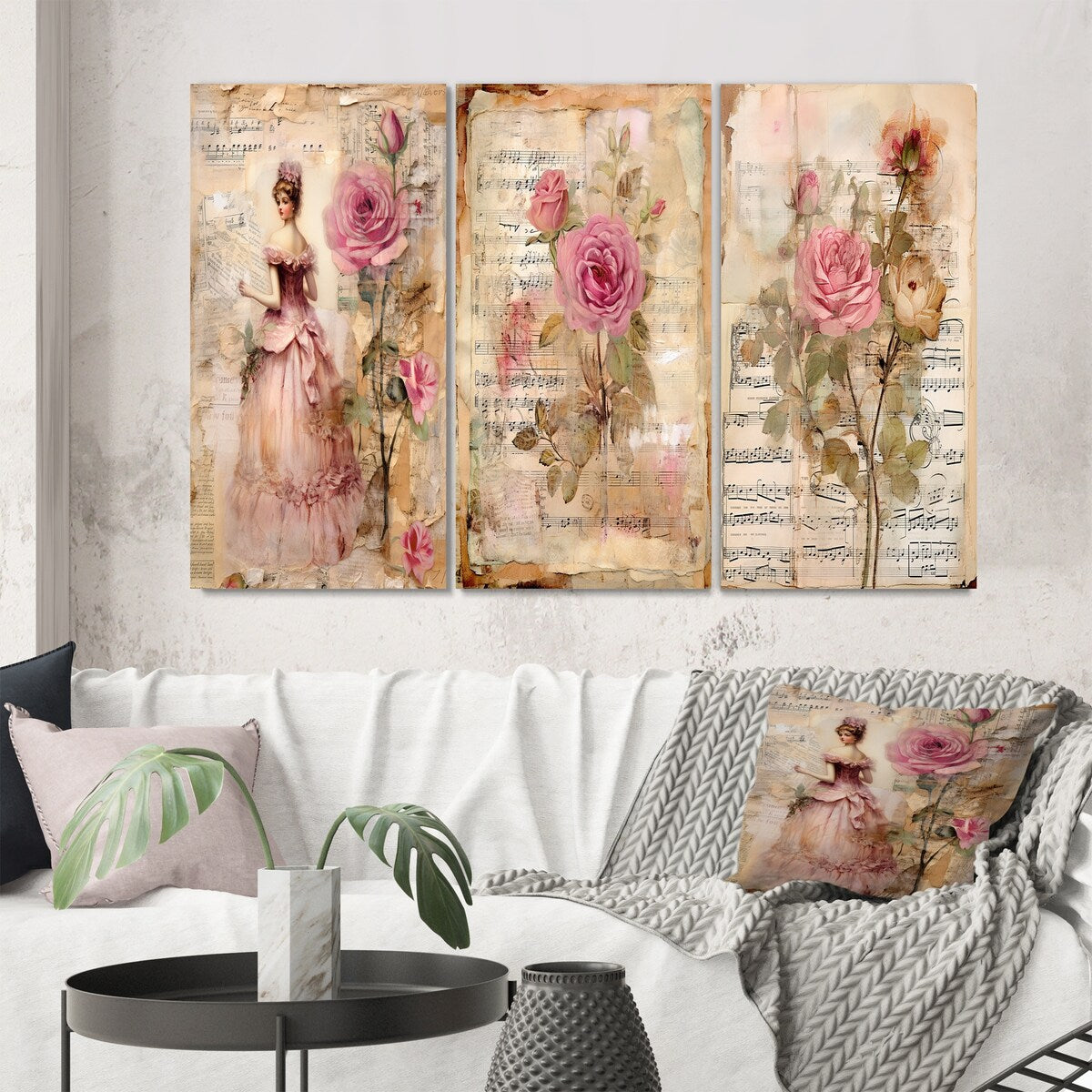 Designart "Victorian Lady Pink Roses Rustic Vintage I" Rose Pink - Canvas Set Of 3 For Living Room Decor
