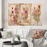 Designart "Victorian Lady Pink Roses Rustic Vintage I" Rose Pink - Canvas Set Of 3 For Living Room Decor
