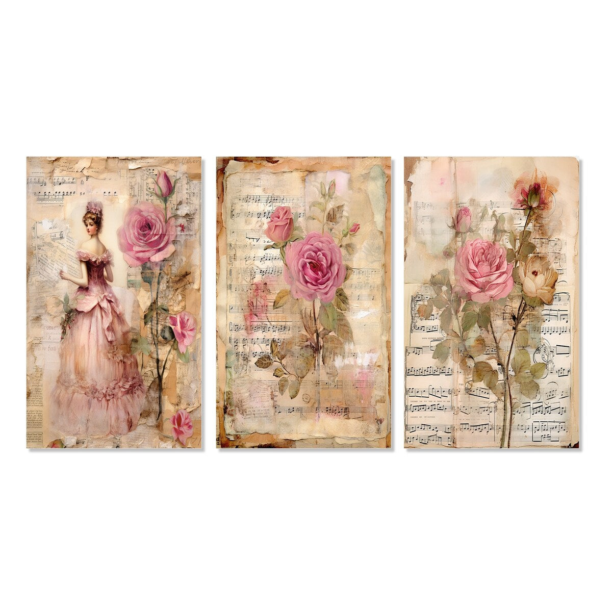 Designart "Victorian Lady Pink Roses Rustic Vintage I" Rose Pink - Canvas Set Of 3 For Living Room Decor
