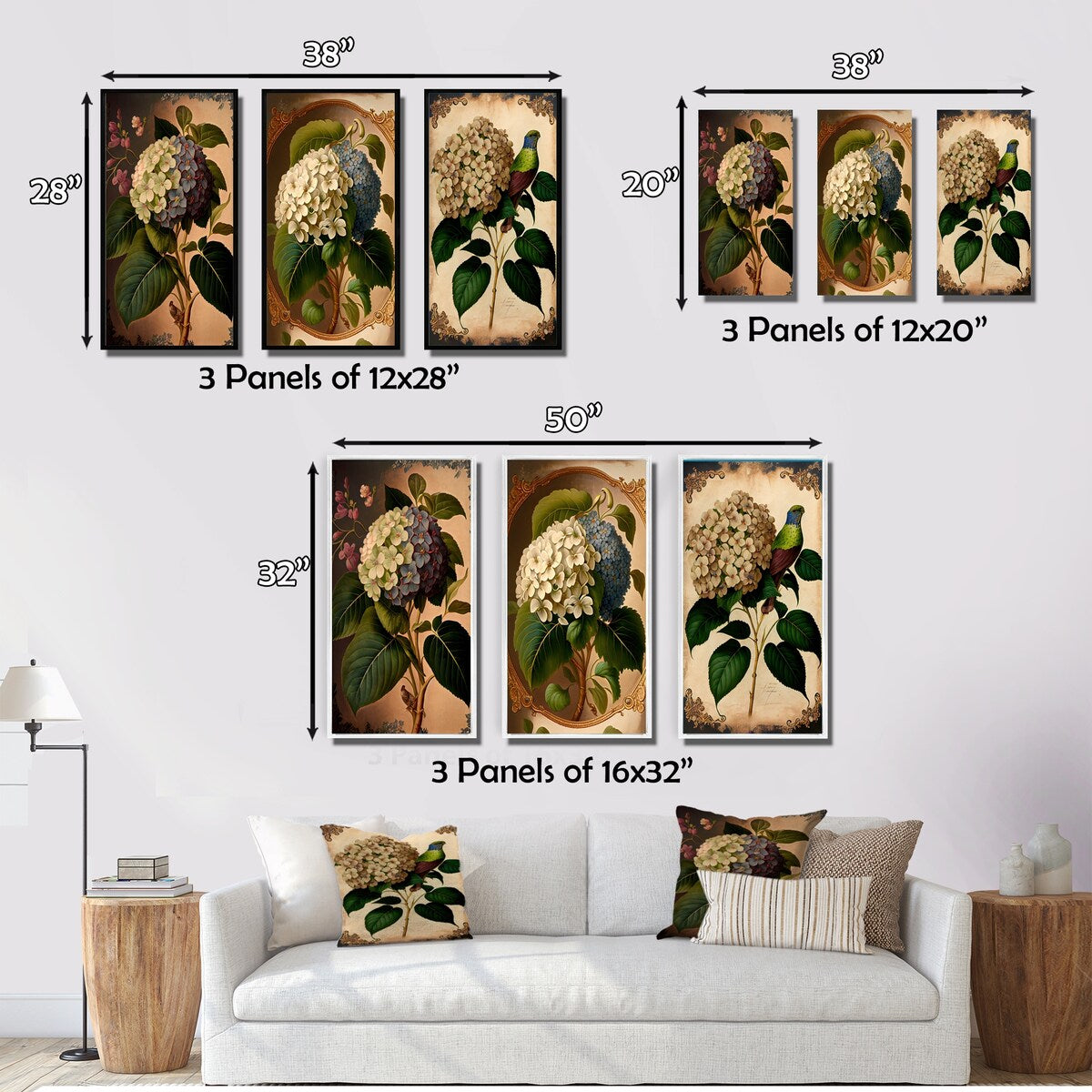 Designart "Victorian Retro Hydrangena I" Floral Wall Art Set Of 3 - Traditional Canvas Set For Living Room Decor