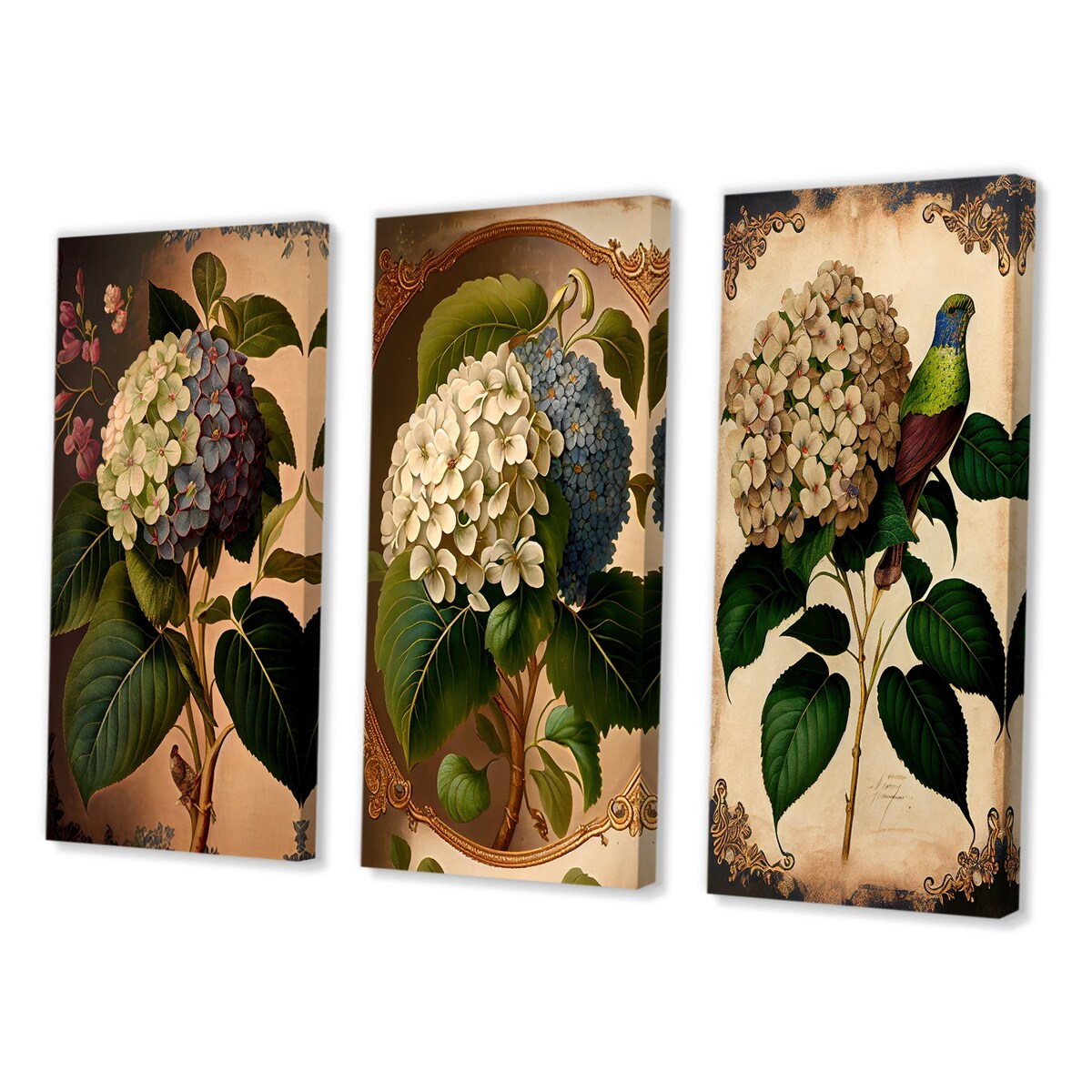 Designart "Victorian Retro Hydrangena I" Floral Wall Art Set Of 3 - Traditional Canvas Set For Living Room Decor