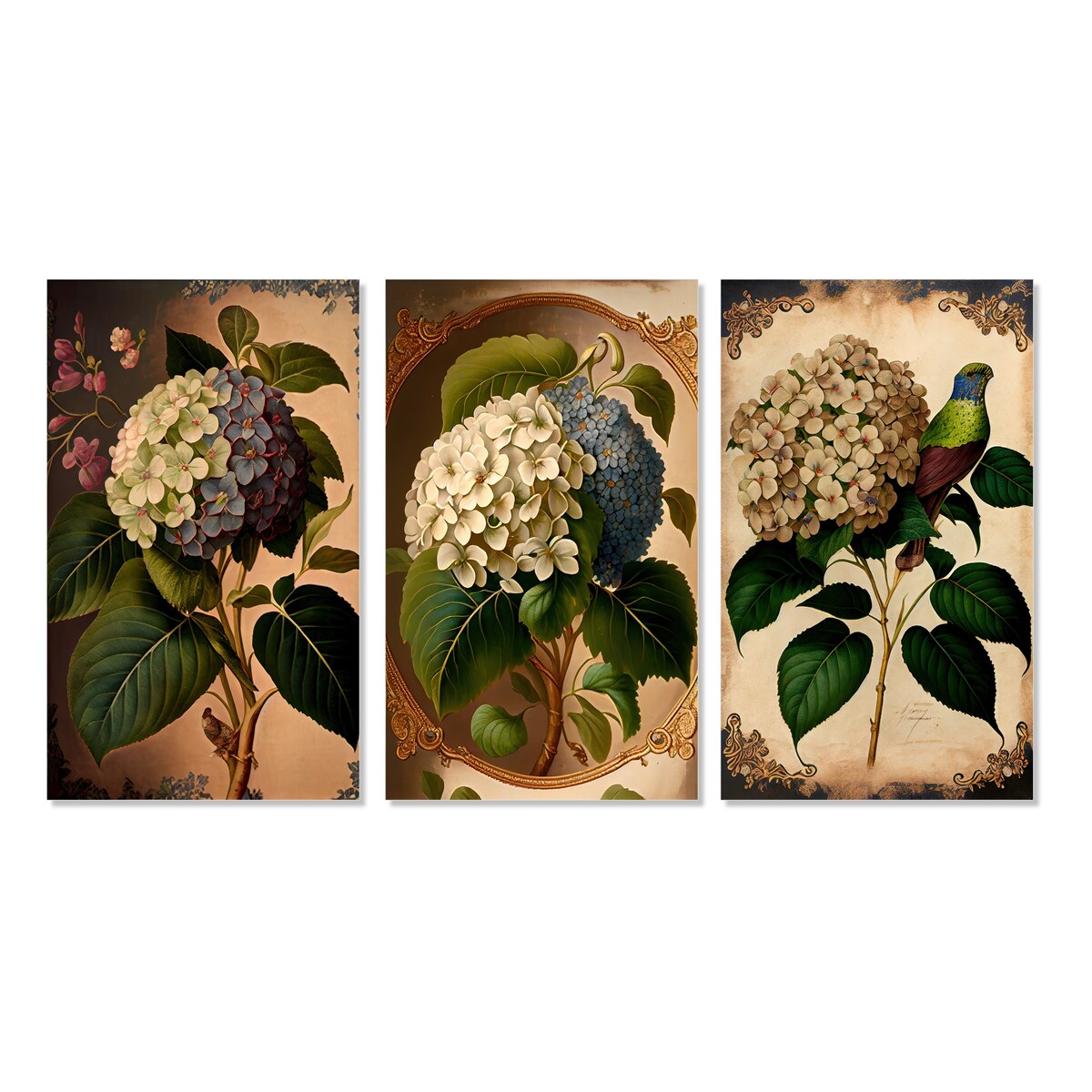 Designart "Victorian Retro Hydrangena I" Floral Wall Art Set Of 3 - Traditional Canvas Set For Living Room Decor