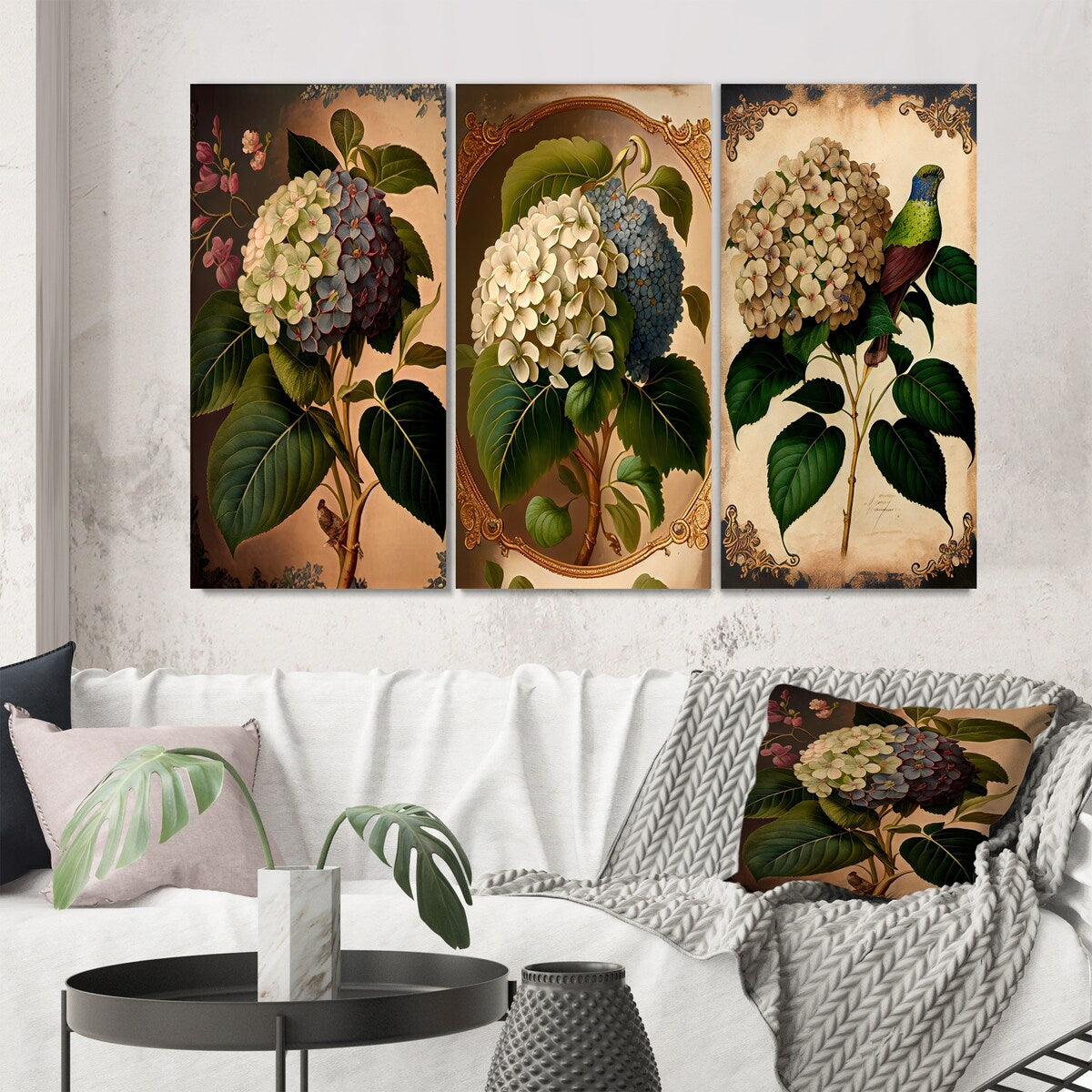 Designart "Victorian Retro Hydrangena I" Floral Wall Art Set Of 3 - Traditional Canvas Set For Living Room Decor