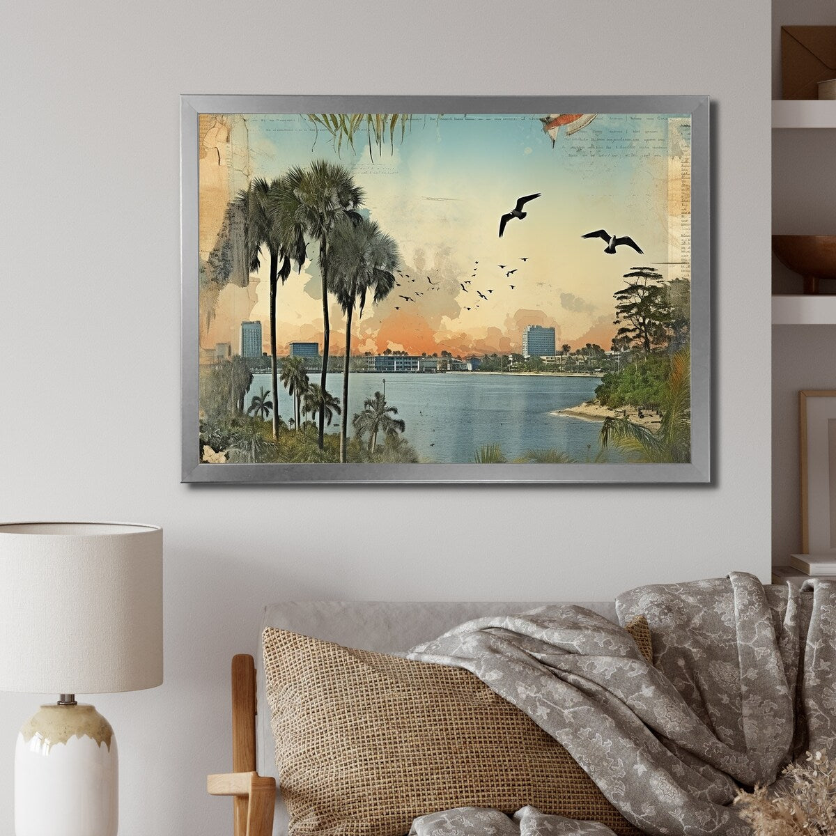 Designart "Vintage 1920 Miami Palm Trees Beachside I" Florida Framed Wall Art Living Room
