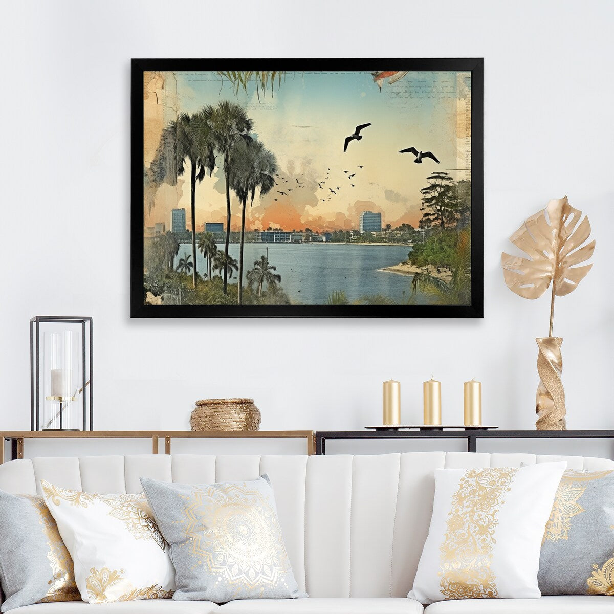 Designart "Vintage 1920 Miami Palm Trees Beachside I" Florida Framed Wall Art Living Room