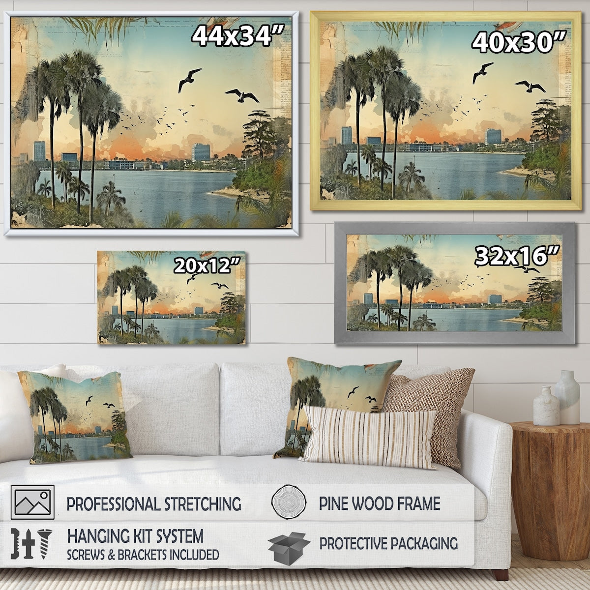 Designart "Vintage 1920 Miami Palm Trees Beachside I" Florida Framed Wall Art Living Room