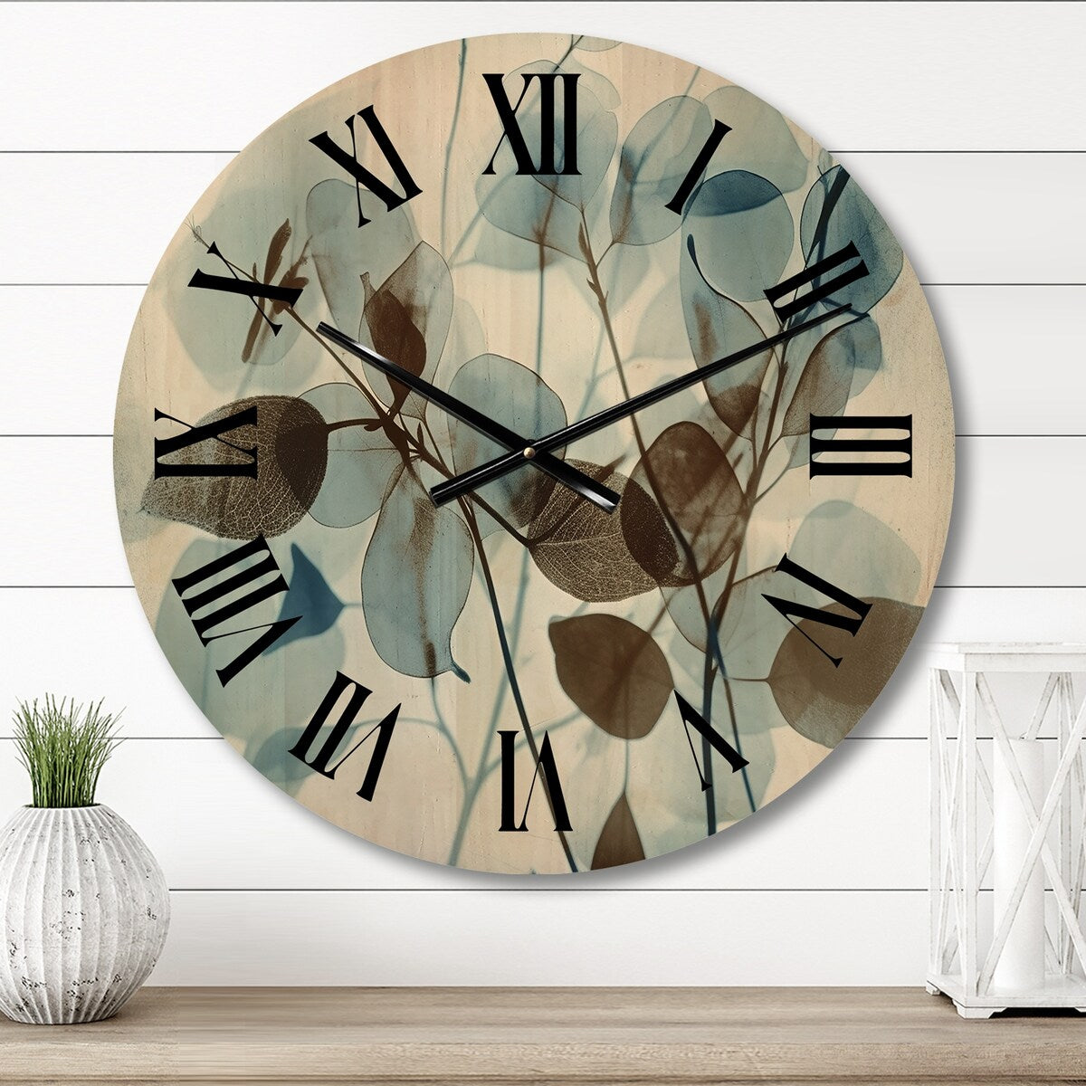 Designart "Vintage Botanical Autumn Leaves Faded Blue V" Abstract Botanicals Oversized Wood Wall Clock