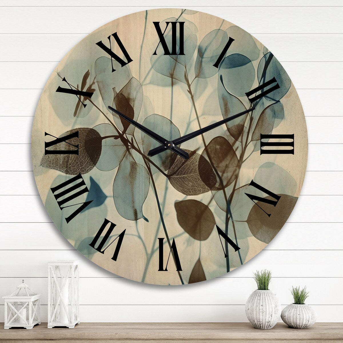 Designart "Vintage Botanical Autumn Leaves Faded Blue V" Abstract Botanicals Oversized Wood Wall Clock