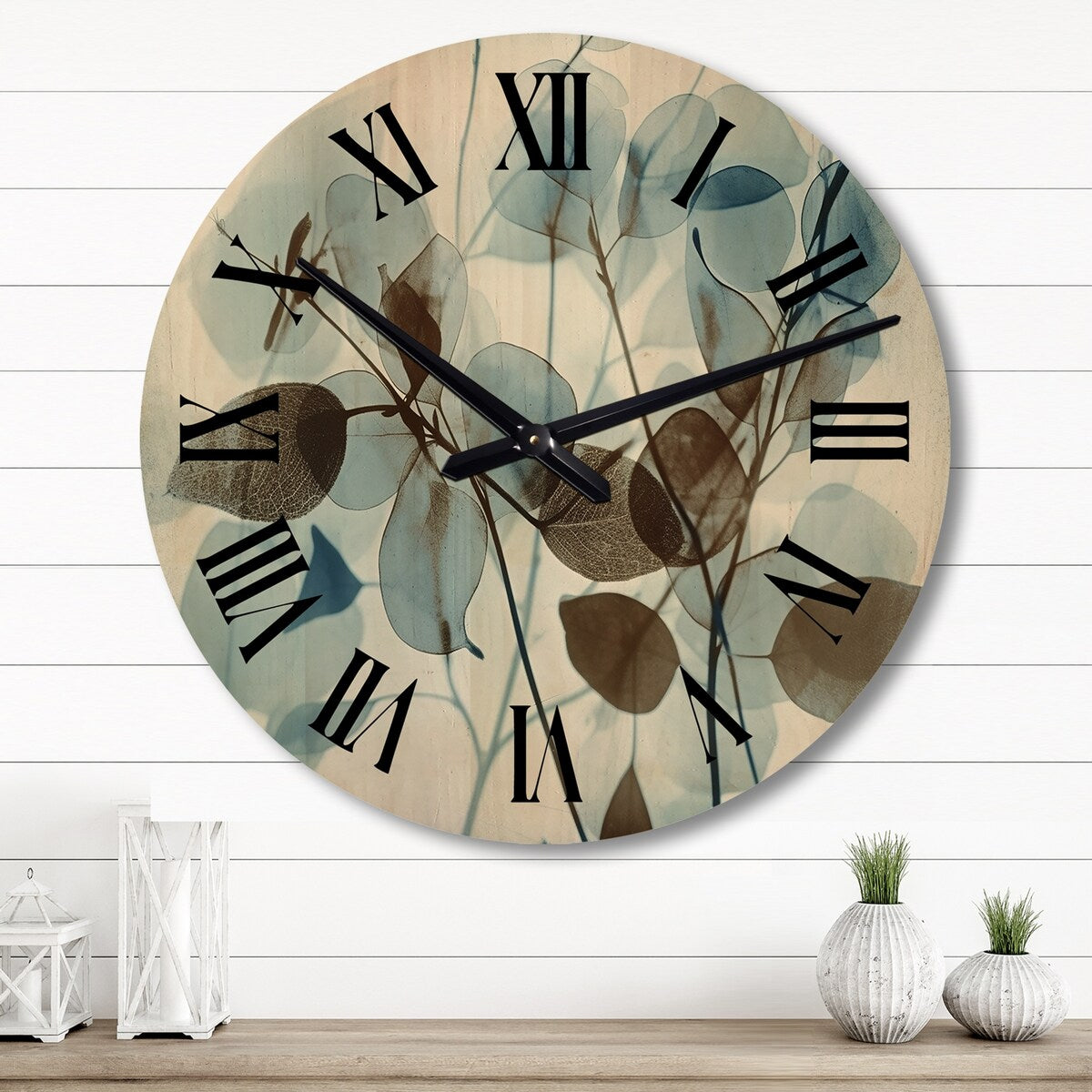 Designart "Vintage Botanical Autumn Leaves Faded Blue V" Abstract Botanicals Oversized Wood Wall Clock