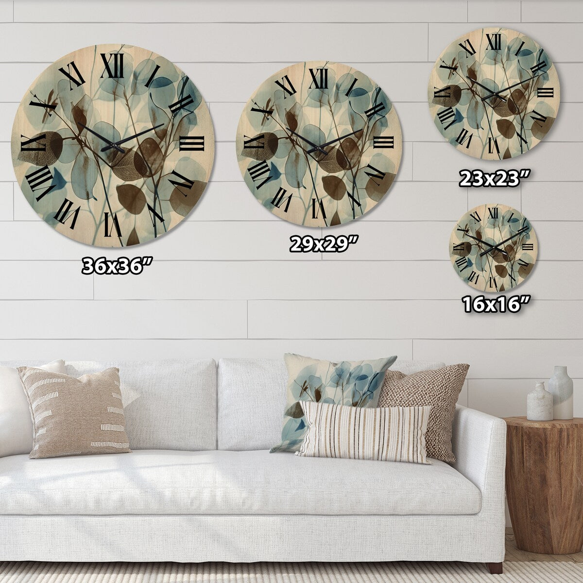 Designart "Vintage Botanical Autumn Leaves Faded Blue V" Abstract Botanicals Oversized Wood Wall Clock