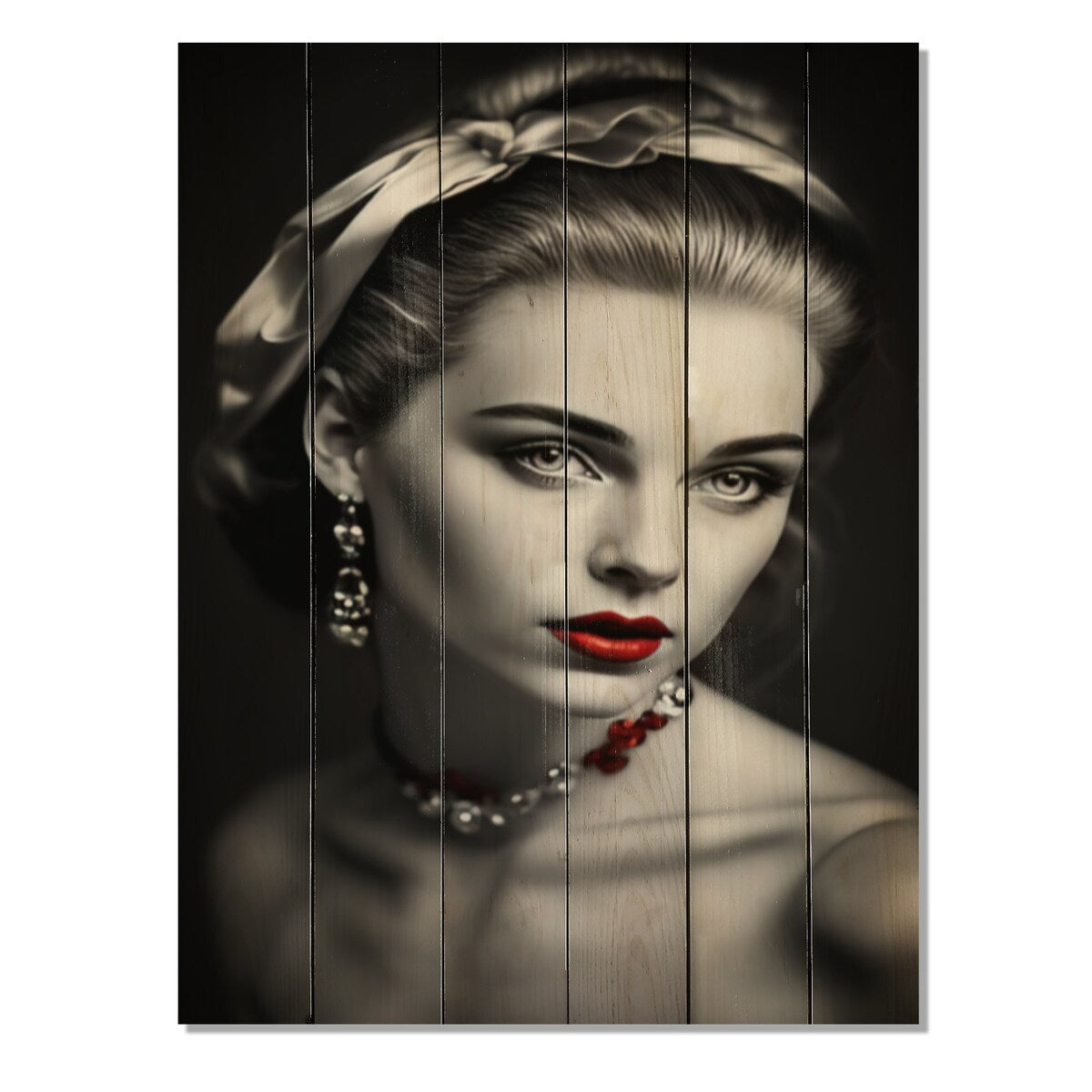 Designart "Vintage Elegance In Black And Red II" Fashion Woman Print on Natural Pine Wood