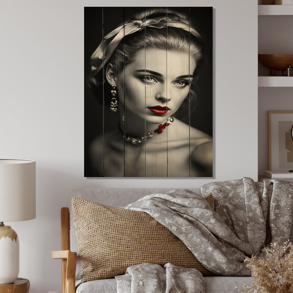 Designart "Vintage Elegance In Black And Red II" Fashion Woman Print on Natural Pine Wood