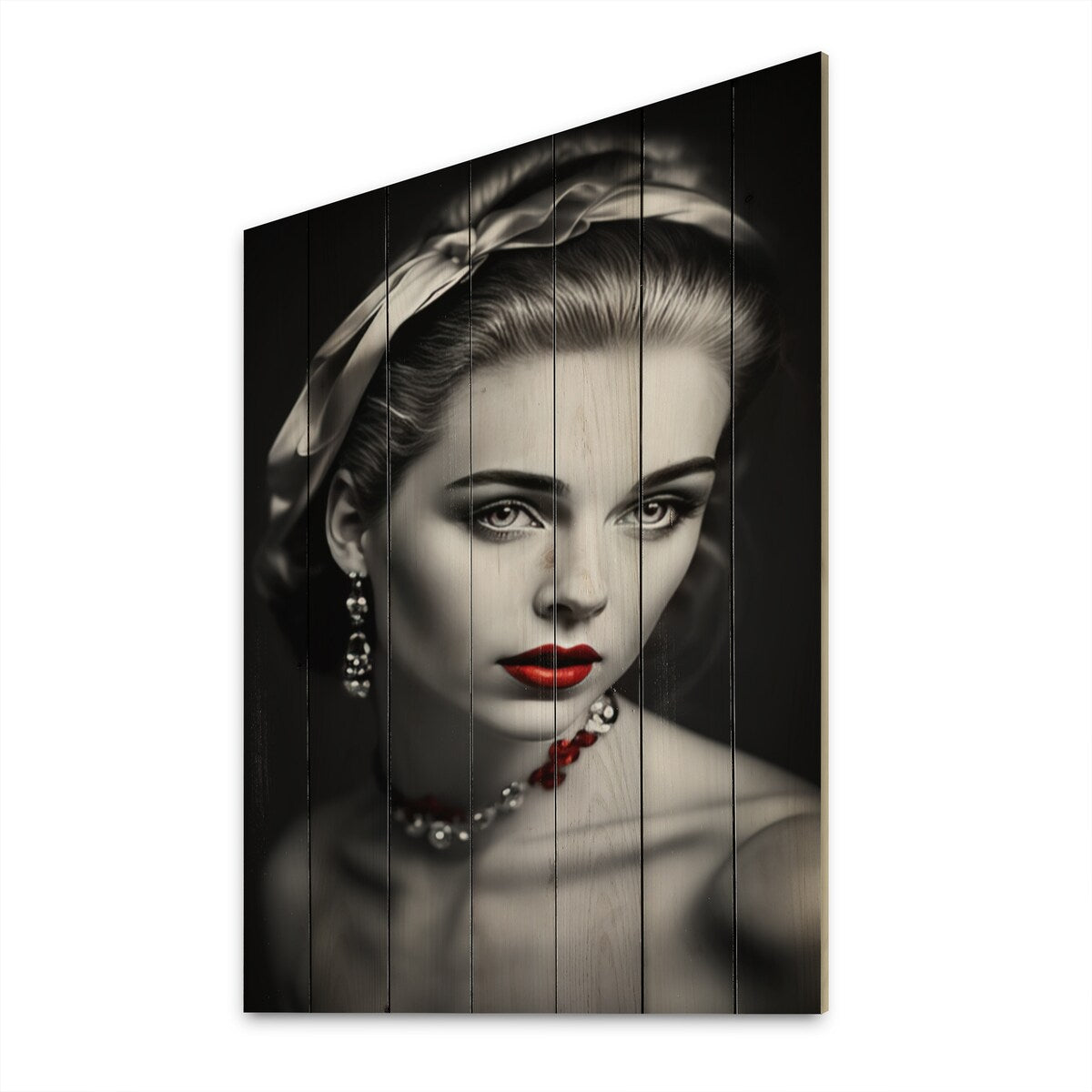 Designart "Vintage Elegance In Black And Red II" Fashion Woman Print on Natural Pine Wood
