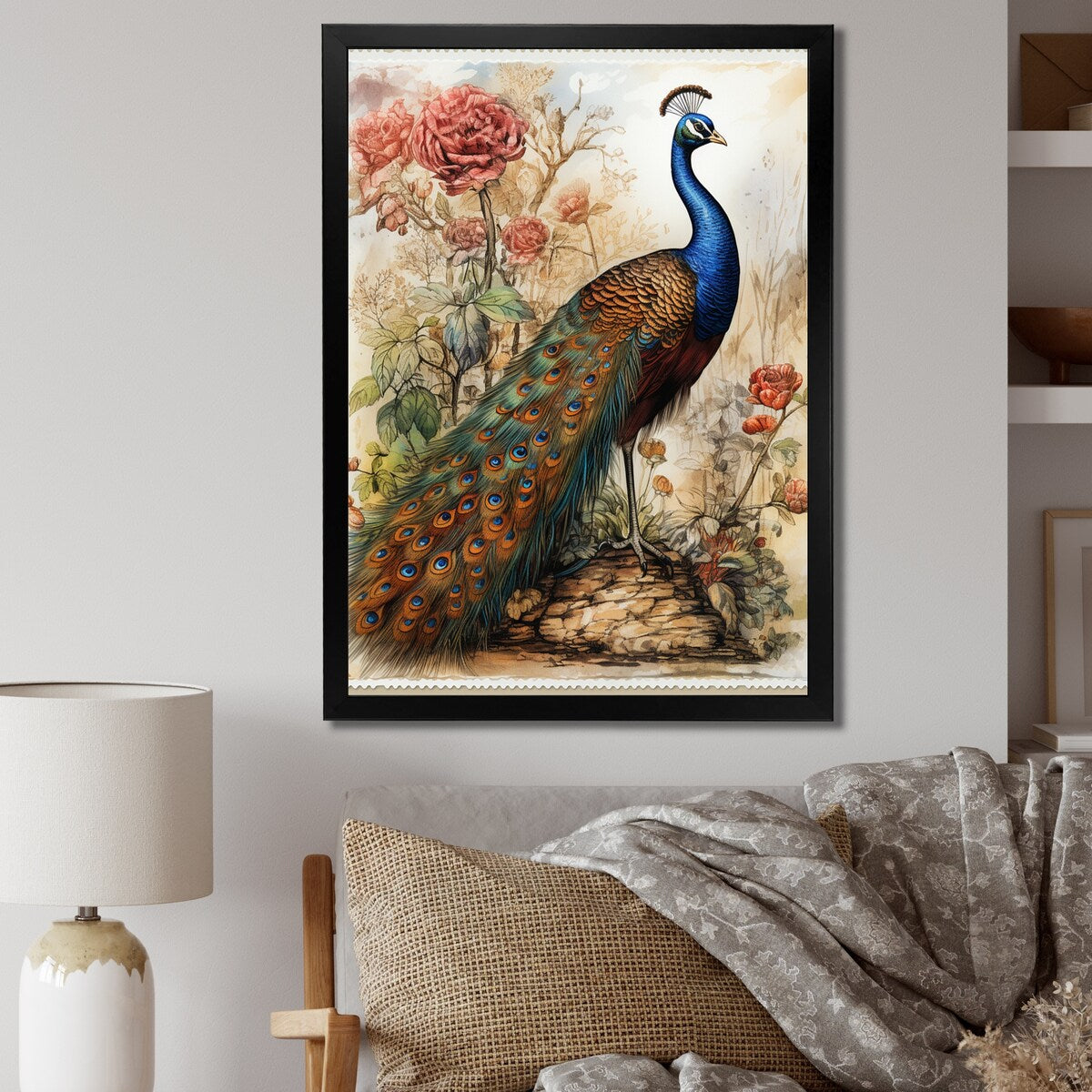 Designart "Vintage Illustration Of Glorious Peacock" Animals Peacock Framed Canvas Wall Art
