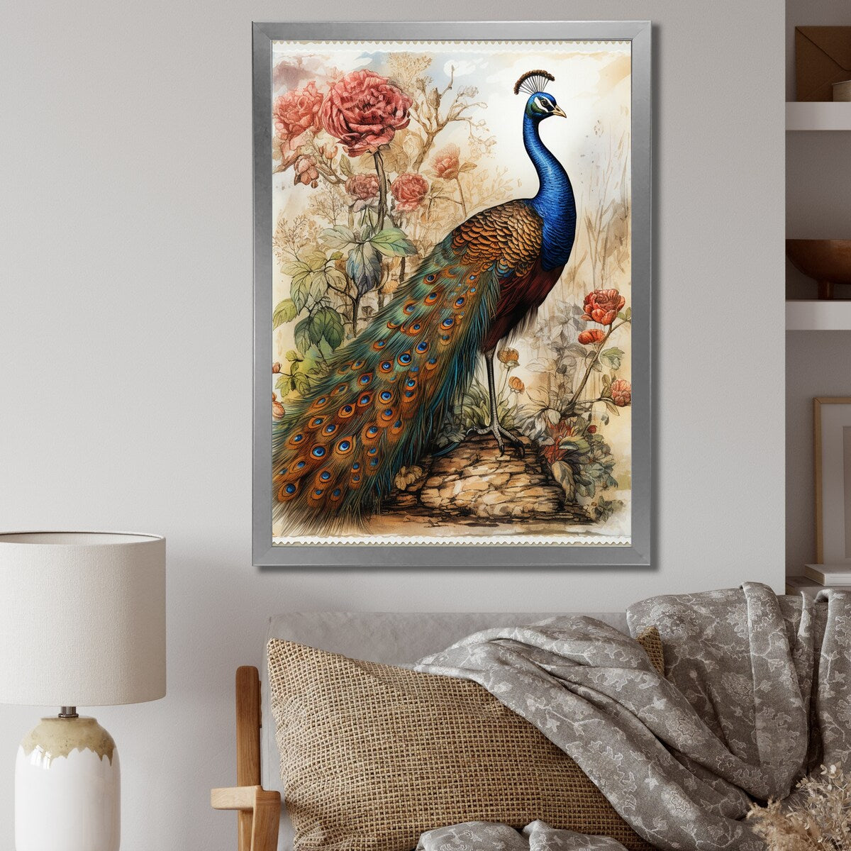 Designart "Vintage Illustration Of Glorious Peacock" Animals Peacock Framed Canvas Wall Art