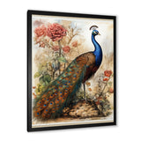 Designart "Vintage Illustration Of Glorious Peacock" Animals Peacock Framed Canvas Wall Art