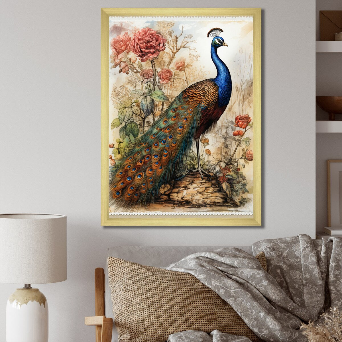 Designart "Vintage Illustration Of Glorious Peacock" Animals Peacock Framed Canvas Wall Art