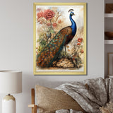 Designart "Vintage Illustration Of Glorious Peacock" Animals Peacock Framed Canvas Wall Art