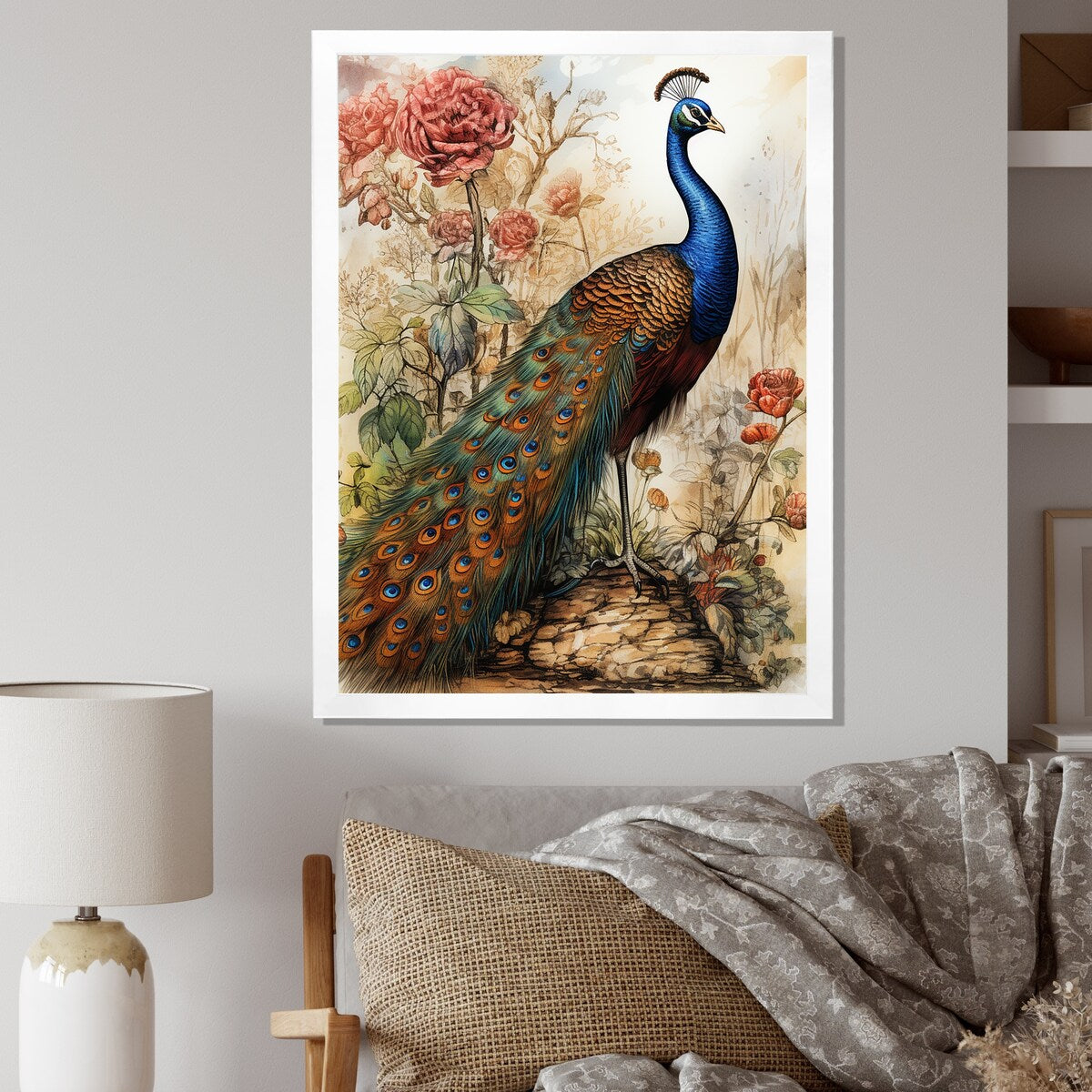 Designart "Vintage Illustration Of Glorious Peacock" Animals Peacock Framed Canvas Wall Art