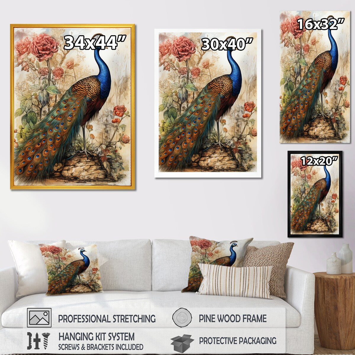 Designart "Vintage Illustration Of Glorious Peacock" Animals Peacock Framed Canvas Wall Art