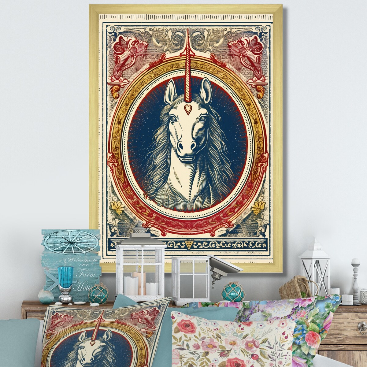 Designart "Vintage Illustration Of Unicorn" Fantasy Unicorn Framed Canvas Prints