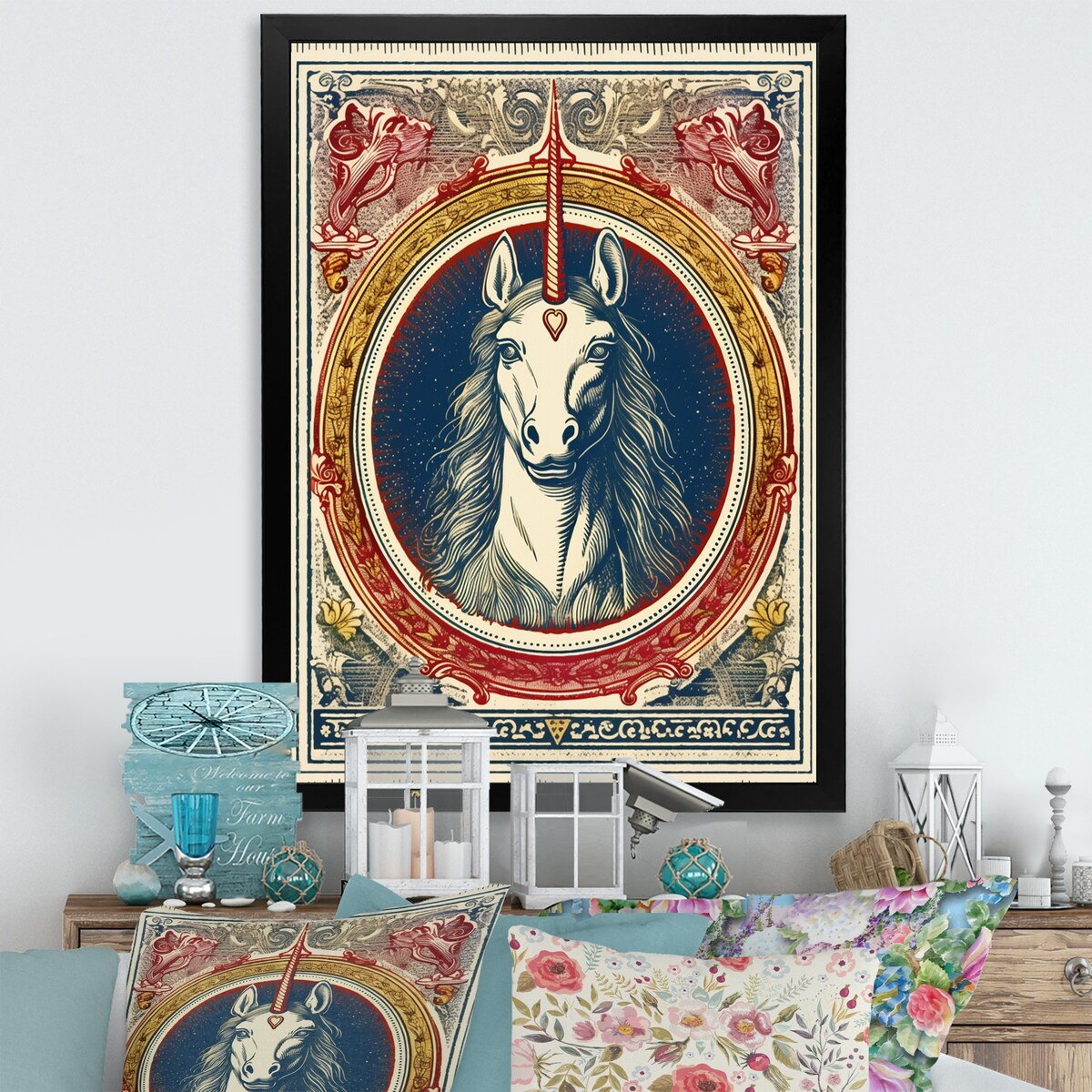 Designart "Vintage Illustration Of Unicorn" Fantasy Unicorn Framed Canvas Prints