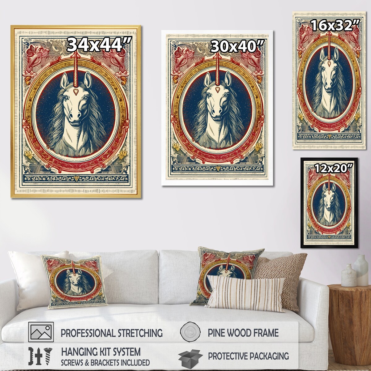 Designart "Vintage Illustration Of Unicorn" Fantasy Unicorn Framed Canvas Prints