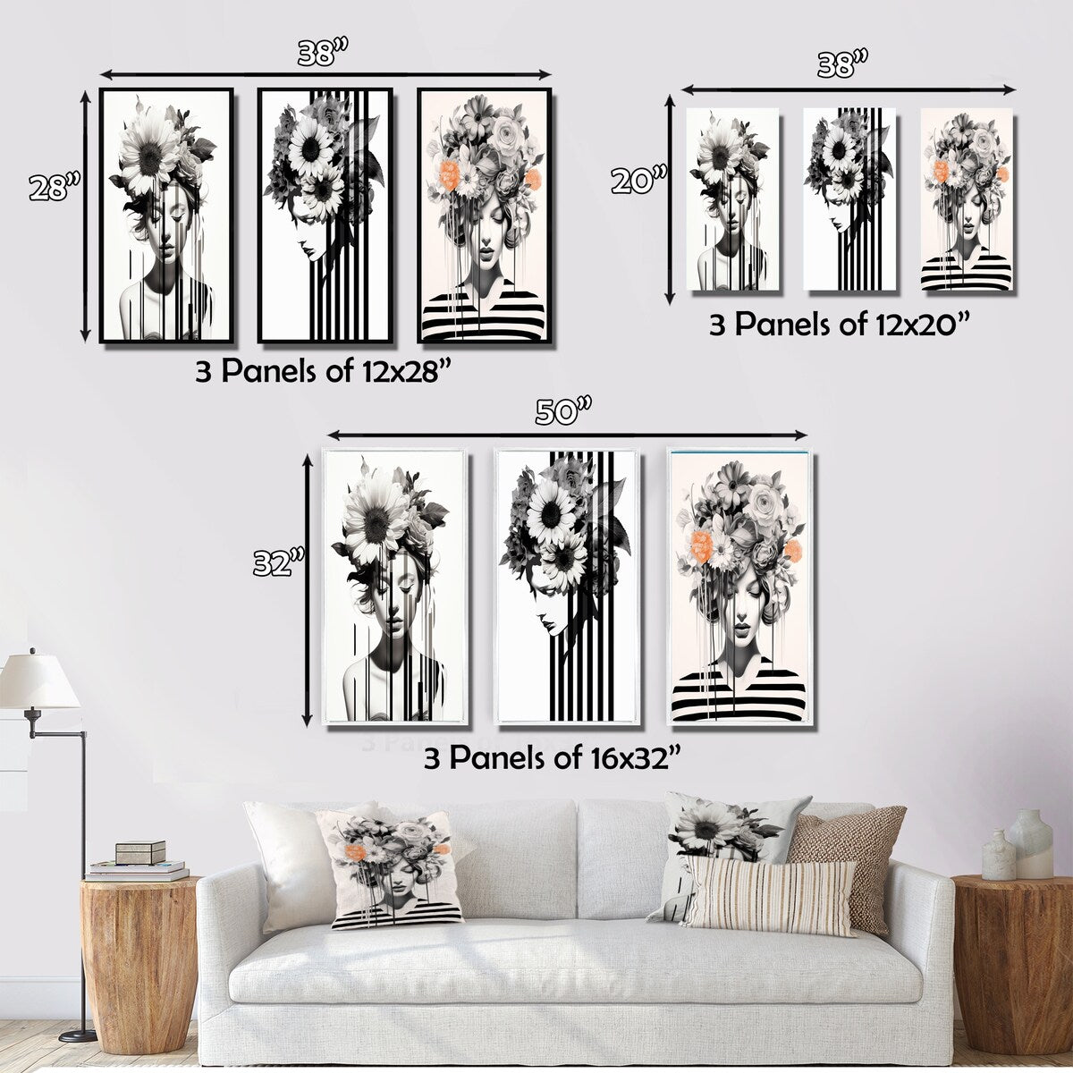 Designart "Vintage Minimalism Striped Woman Flowers VIII" Woman Floral Black - Gallery Set Of 3 For Office Decor