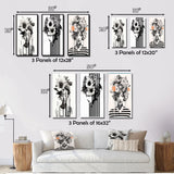 Designart "Vintage Minimalism Striped Woman Flowers VIII" Woman Floral Black - Gallery Set Of 3 For Office Decor