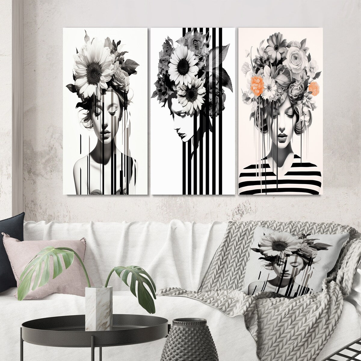 Designart "Vintage Minimalism Striped Woman Flowers VIII" Woman Floral Black - Gallery Set Of 3 For Office Decor