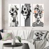 Designart "Vintage Minimalism Striped Woman Flowers VIII" Woman Floral Black - Gallery Set Of 3 For Office Decor