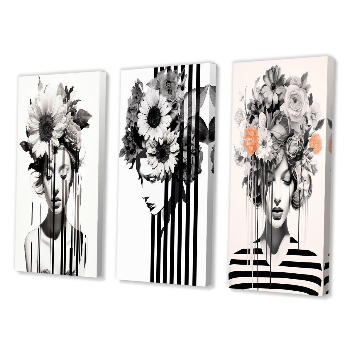 Designart "Vintage Minimalism Striped Woman Flowers VIII" Woman Floral Black - Gallery Set Of 3 For Office Decor
