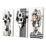 Designart "Vintage Minimalism Striped Woman Flowers VIII" Woman Floral Black - Gallery Set Of 3 For Office Decor